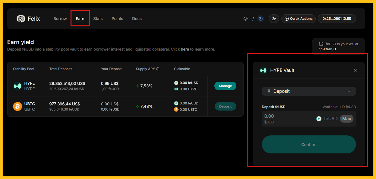 Add vào Stability Pool bạn muốn trên Felix để nhận lợi suất