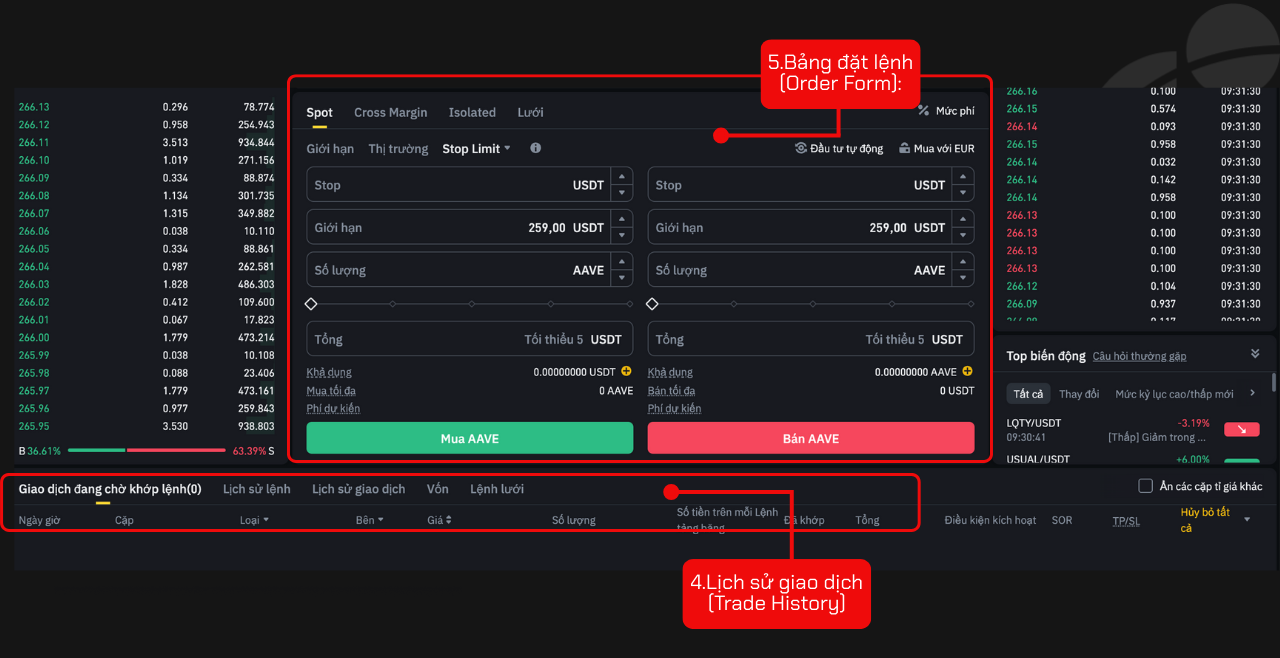 Cách đặt lệnh và hiển thị lệnh trên Binance Spot