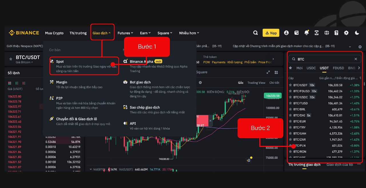 Chọn cặp giao dịch trên Binance Spot
