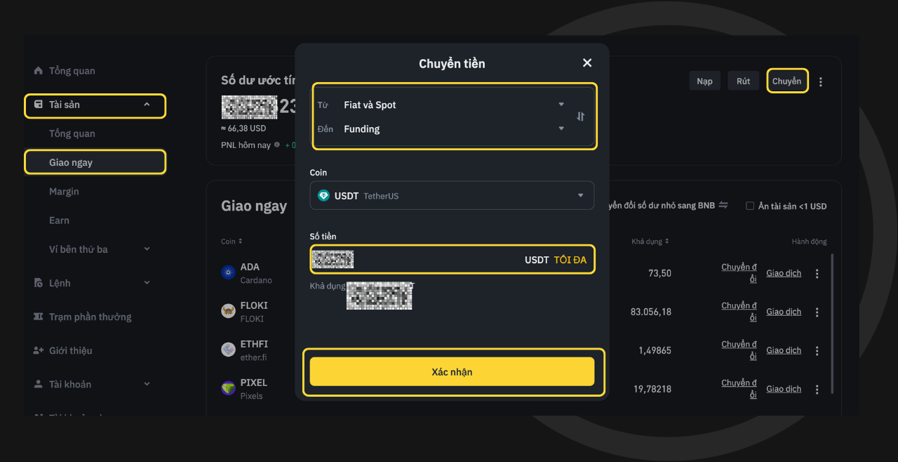 Chuyển USDT sang ví Spot
