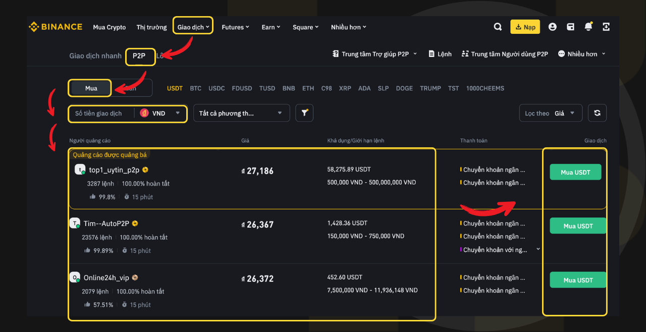Mua USDT bằng VND qua Binance P2P