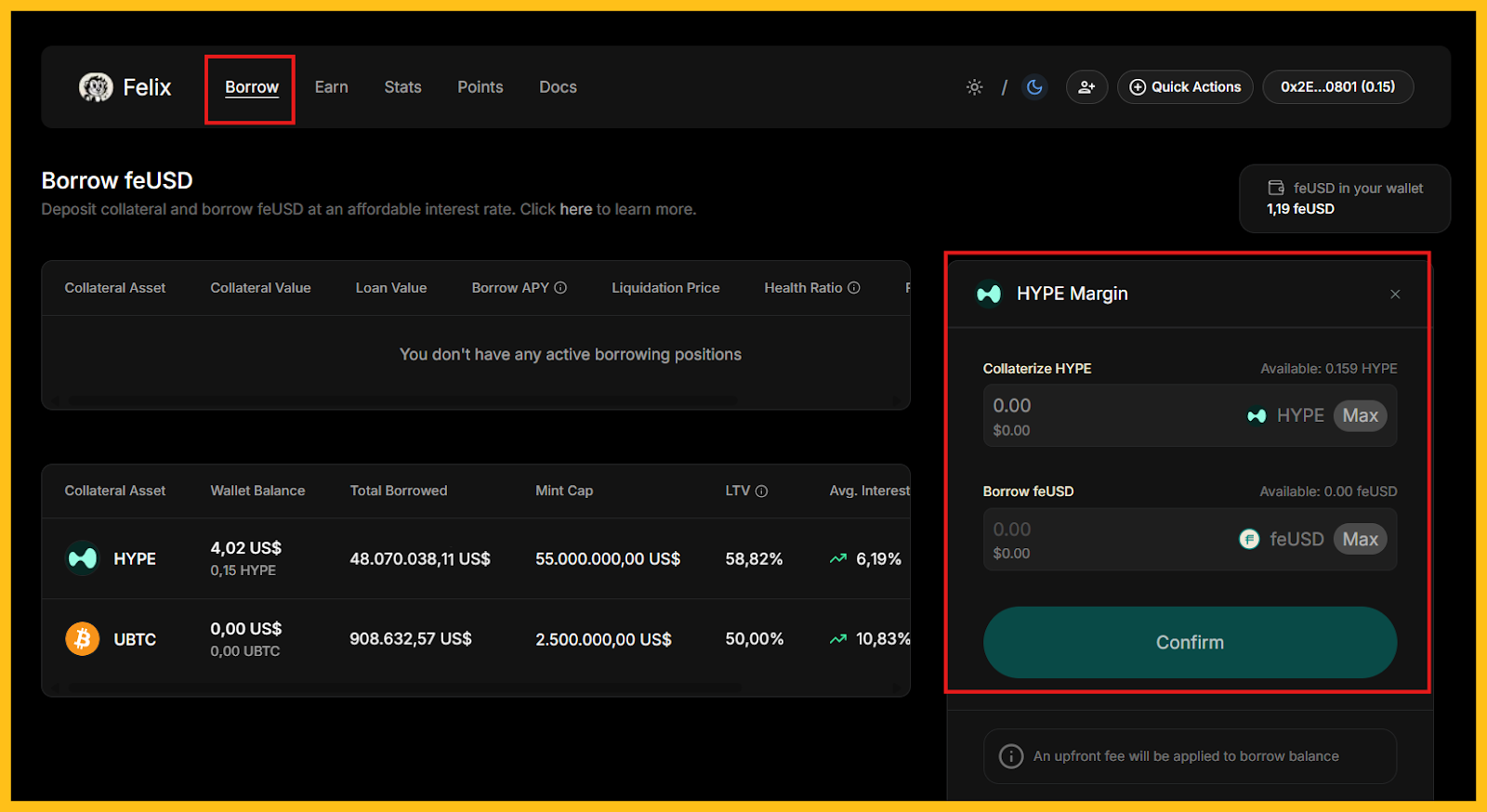 Vào mục Borrow và chọn token bạn muốn thế chấp để vay ra feUSD