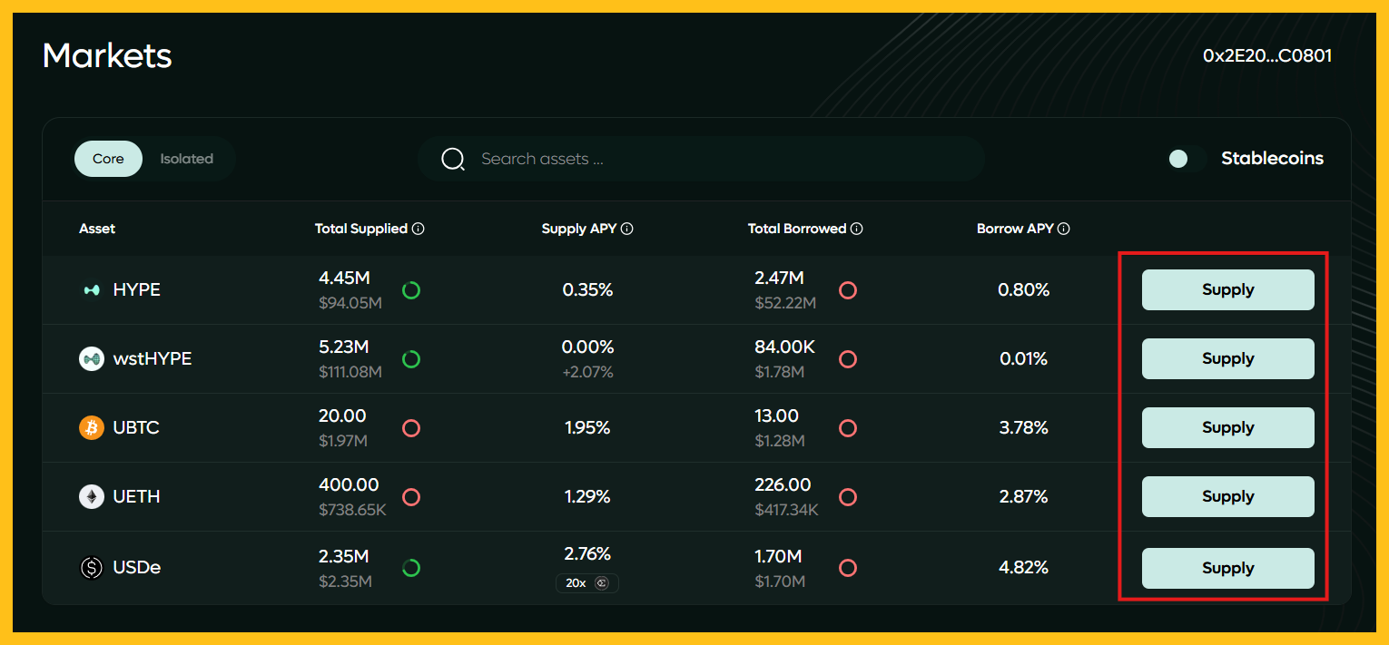 Vào mục Market và chọn các token mà bạn muốn cho vay hoặc thế chấp để vay