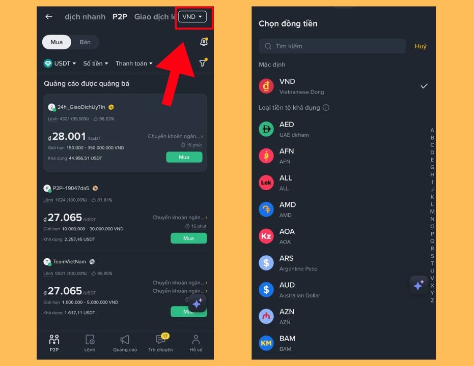 Chuyển đổi tiền pháp định sang VNĐ trên P2P Binance