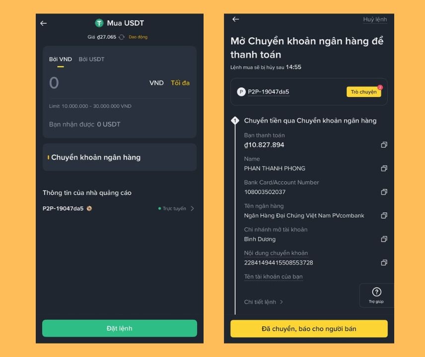 Chuyển tiền cho người bán theo thông tin hiển thị để mua USDT