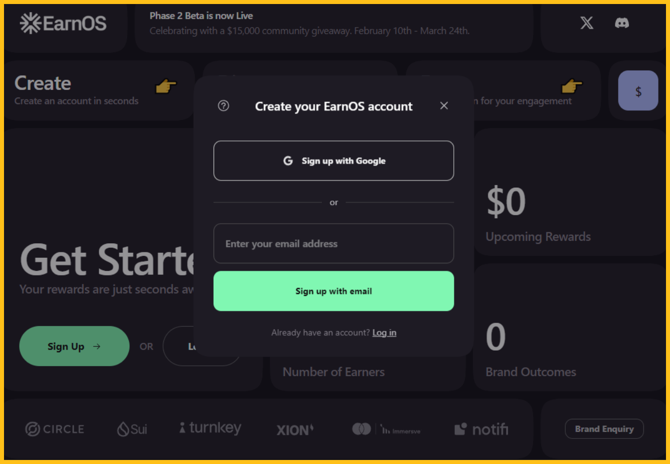 Mở trang EarnOS, nhấp Sign Up và đăng ký tài khoản bằng email