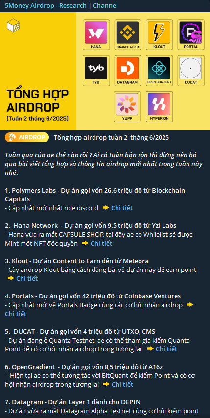 Tổng hợp các dự án Airdrop tuần 2 tháng 6/2025  trên kênh 5 Phút Airdrop – Research