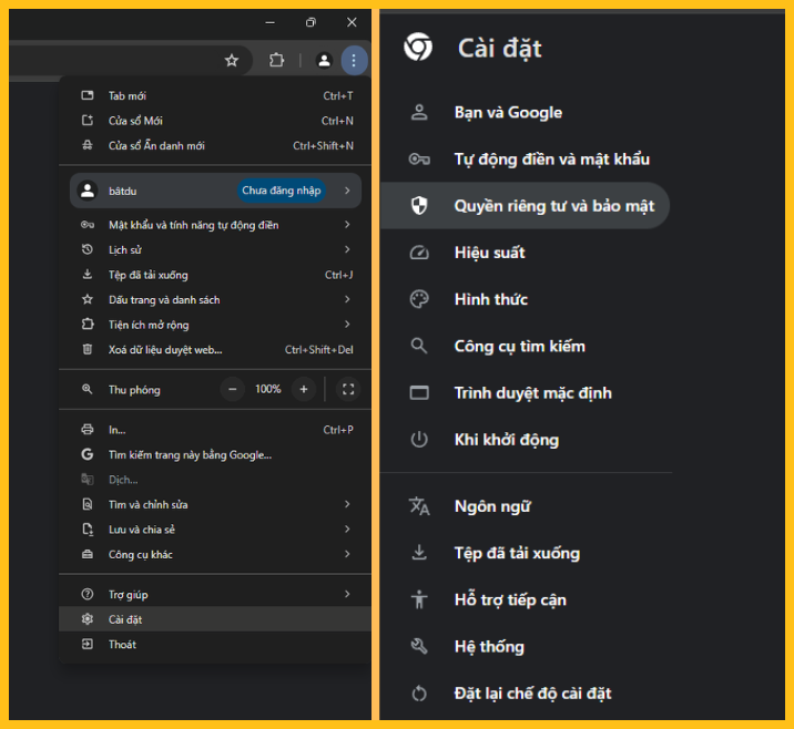 Mở cài đặt trình duyệt
