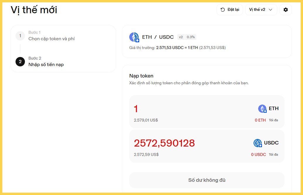 Cung cap thanh khoan ETH USDC phai theo ti le 50 50 tren Pool Uniswap V2