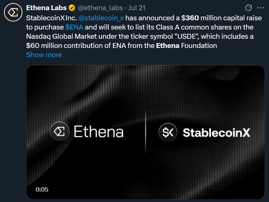 Ethena Labs công bố thỏa thuận đầu tư tư nhân (PIPE) trị giá 360 triệu USD với StablecoinX,