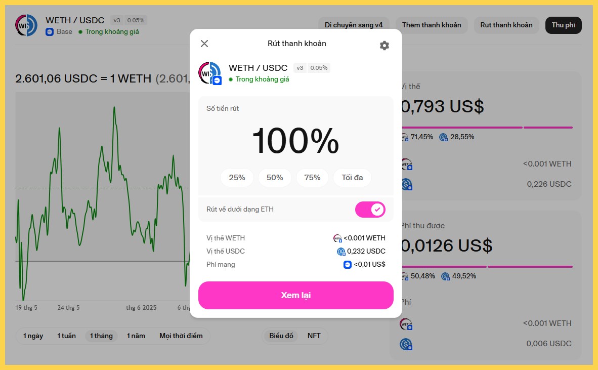 Rút 100% thanh khoản đã cũng cấp cho cặp WETH-USDC trên Uniswap V3 (Base)