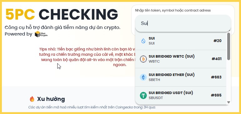 Tìm kiếm coin bất kỳ từ 5PC Checking
