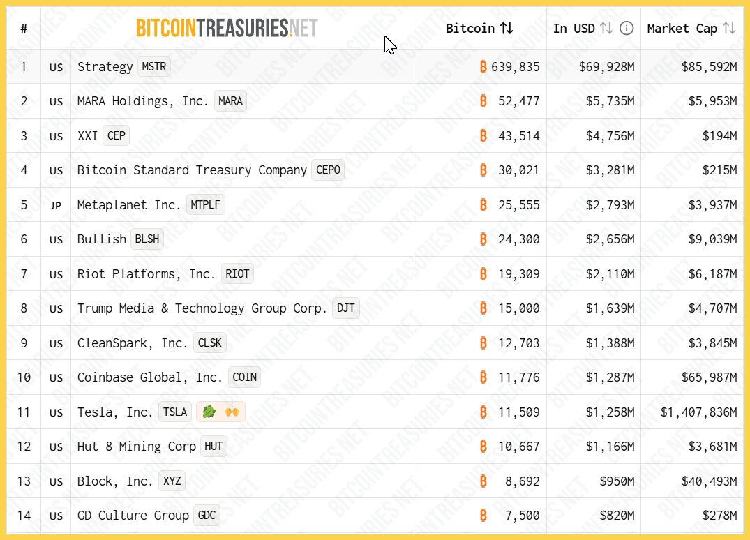 TOP các công ty nắm giữ BTC nhiều nhất