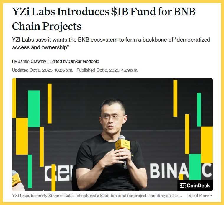 YZi Labs công bố quỹ Builder Fund 1 tỷ USD để hỗ trợ các dự án trên BNB Chain
