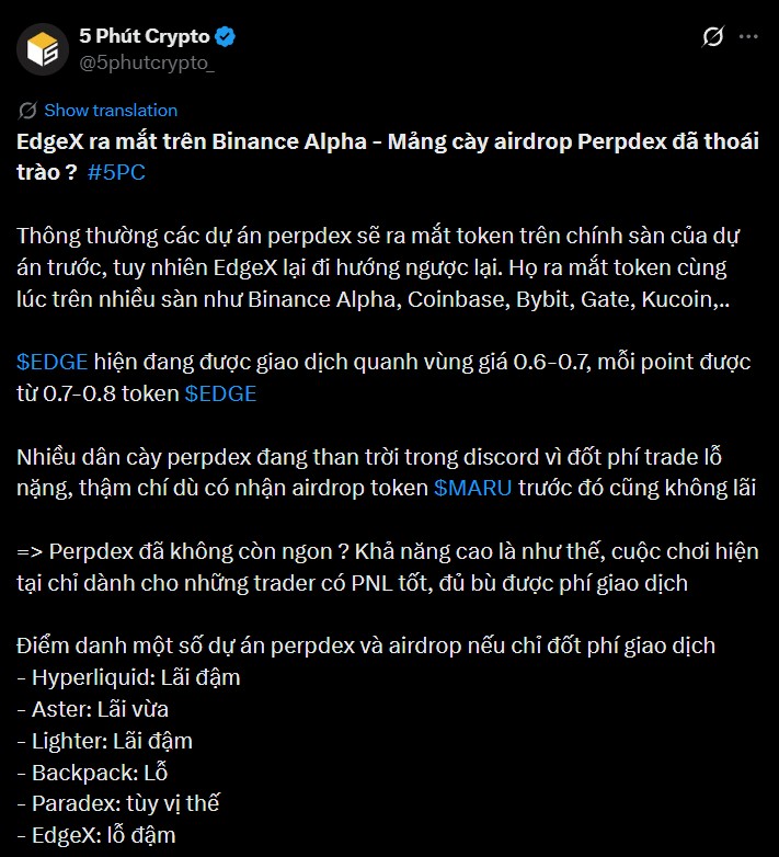 Bài chia sẻ về airdrop EdgeX của 5 Phút Crypto