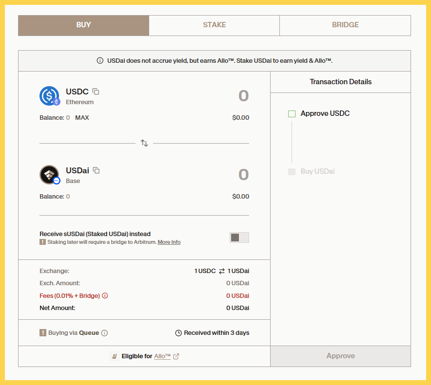 Nạp USDC bằng mạng Ethereum để Mint ra USDai