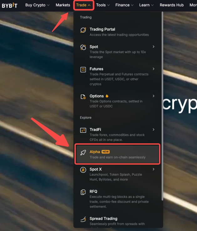Truy cập mục Alpha trên Bybit