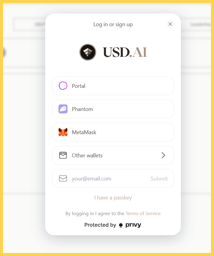 Truy cập website USD.AI và kết nối ví EVM