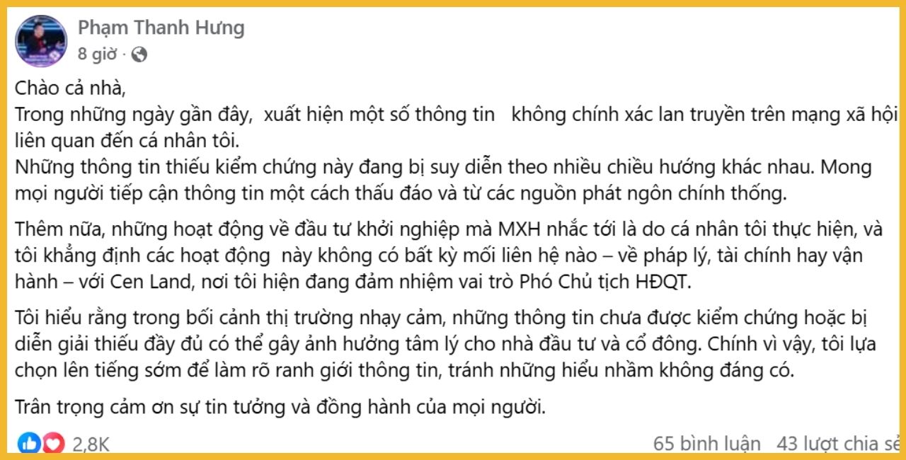 Shark Hưng lên tiếng trên trang cá nhân