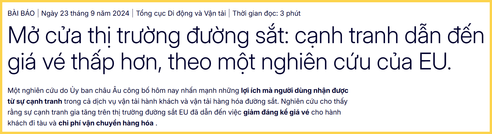 Cạnh tranh giúp giảm vé tàu tại EU