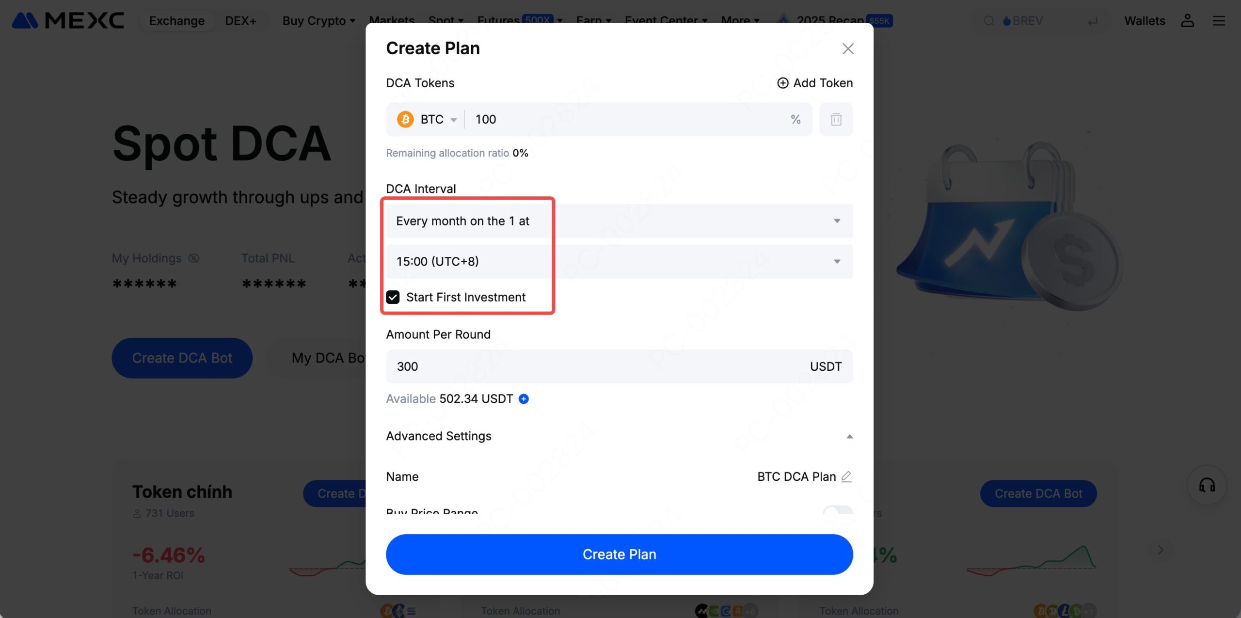 Người dùng có thể setup DCA Spot theo chiến lược của mình