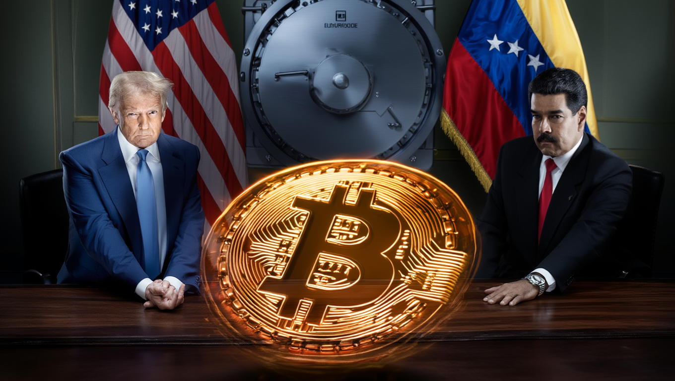 Ảnh do AI minh họa ông Trump và Maduro cùng kho Bitcoin