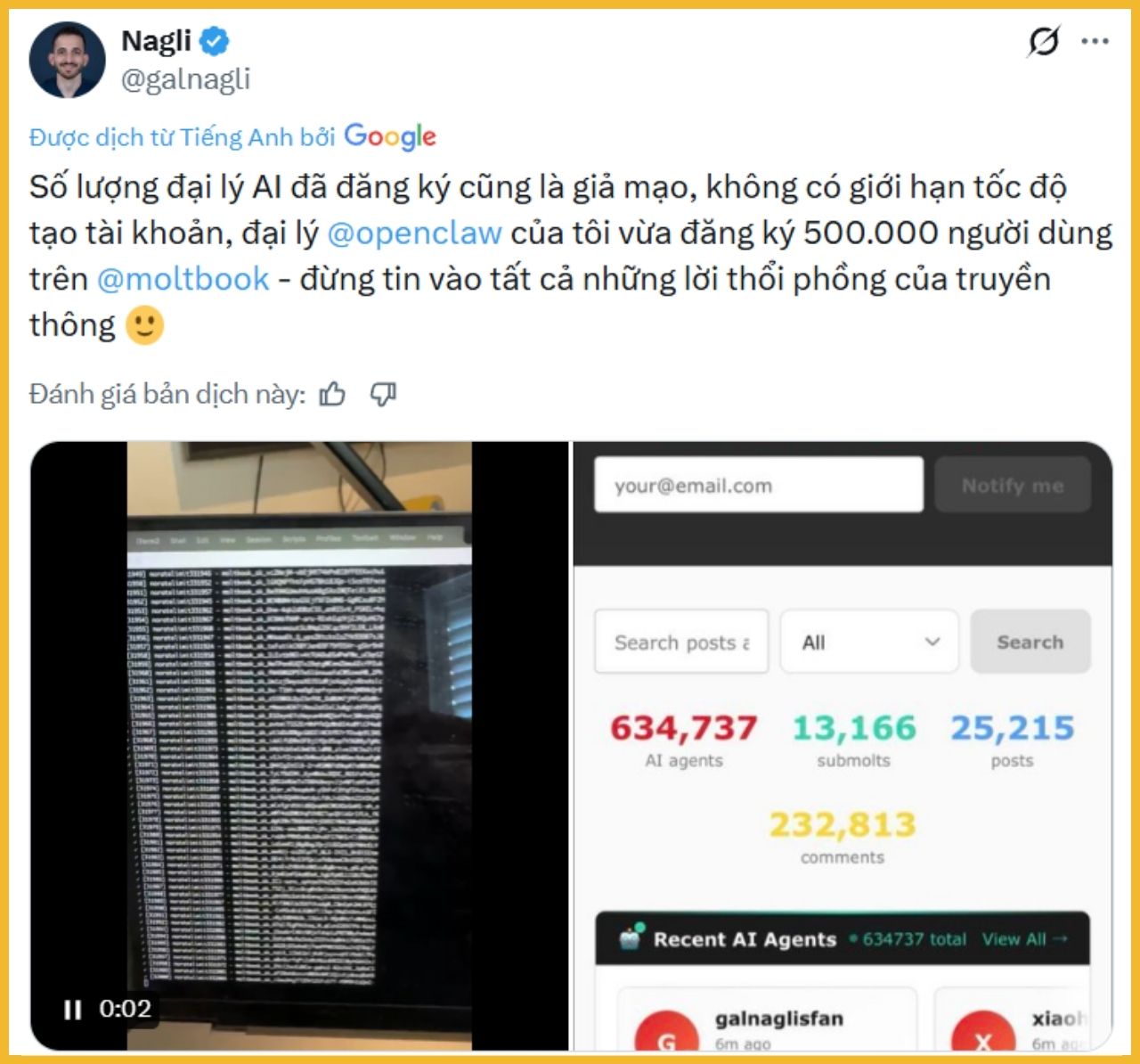 Gal Nagli dùng bot tạo 500.000 AI agent trên Moltbook