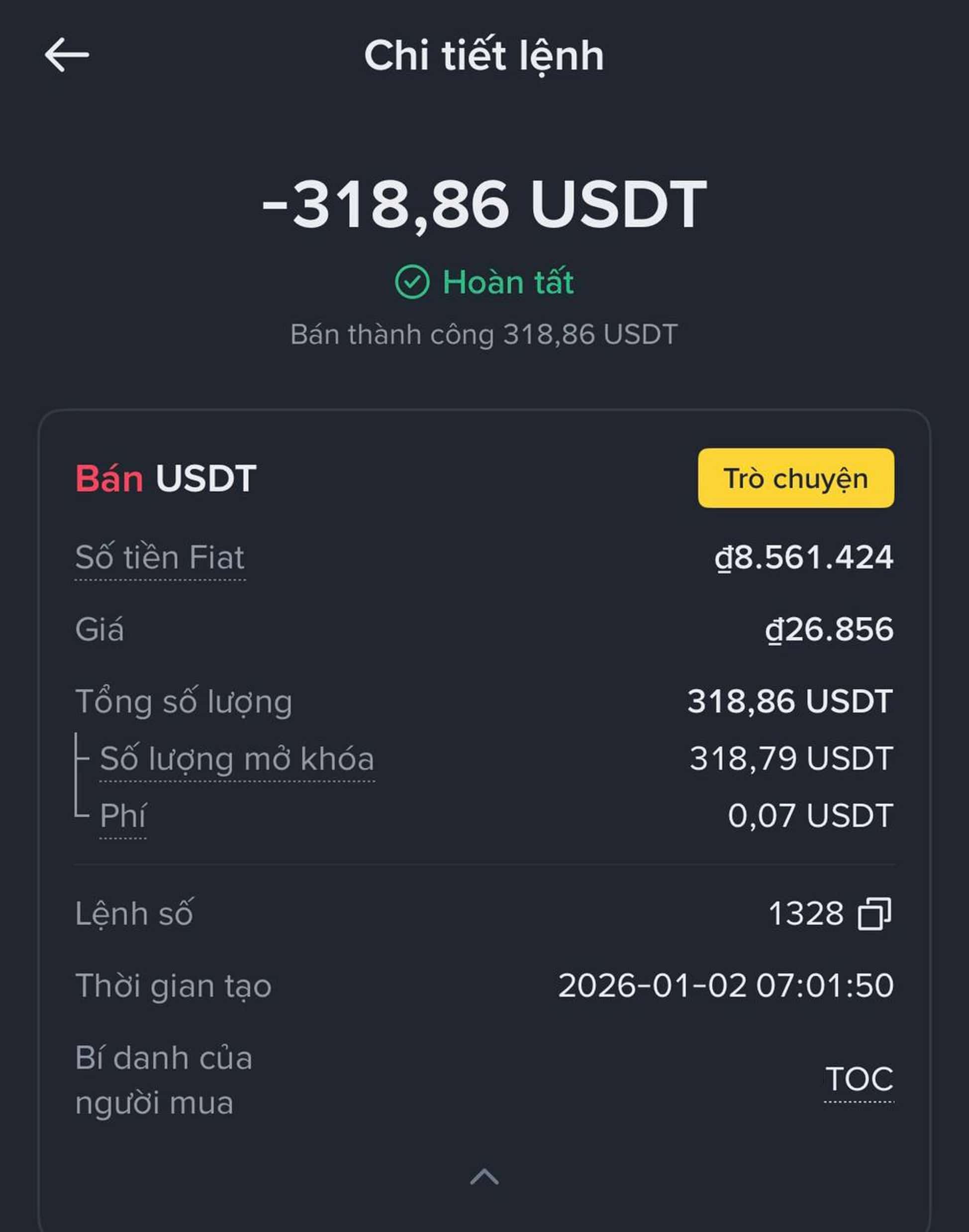 Thông tin lệnh giao dịch P2P trên Binance