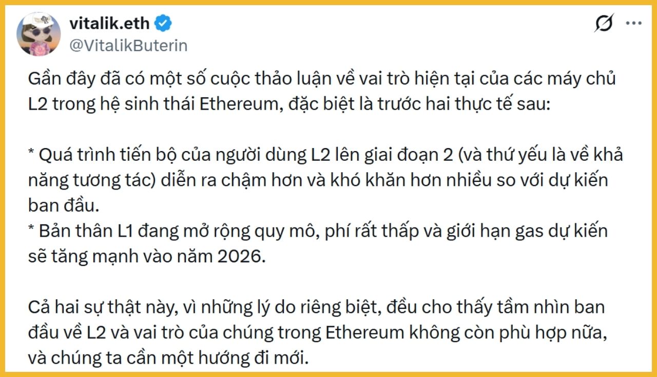 Vitalik Buterin nói rằng tầm nhìn Layer 2 không còn phù hợp nữa