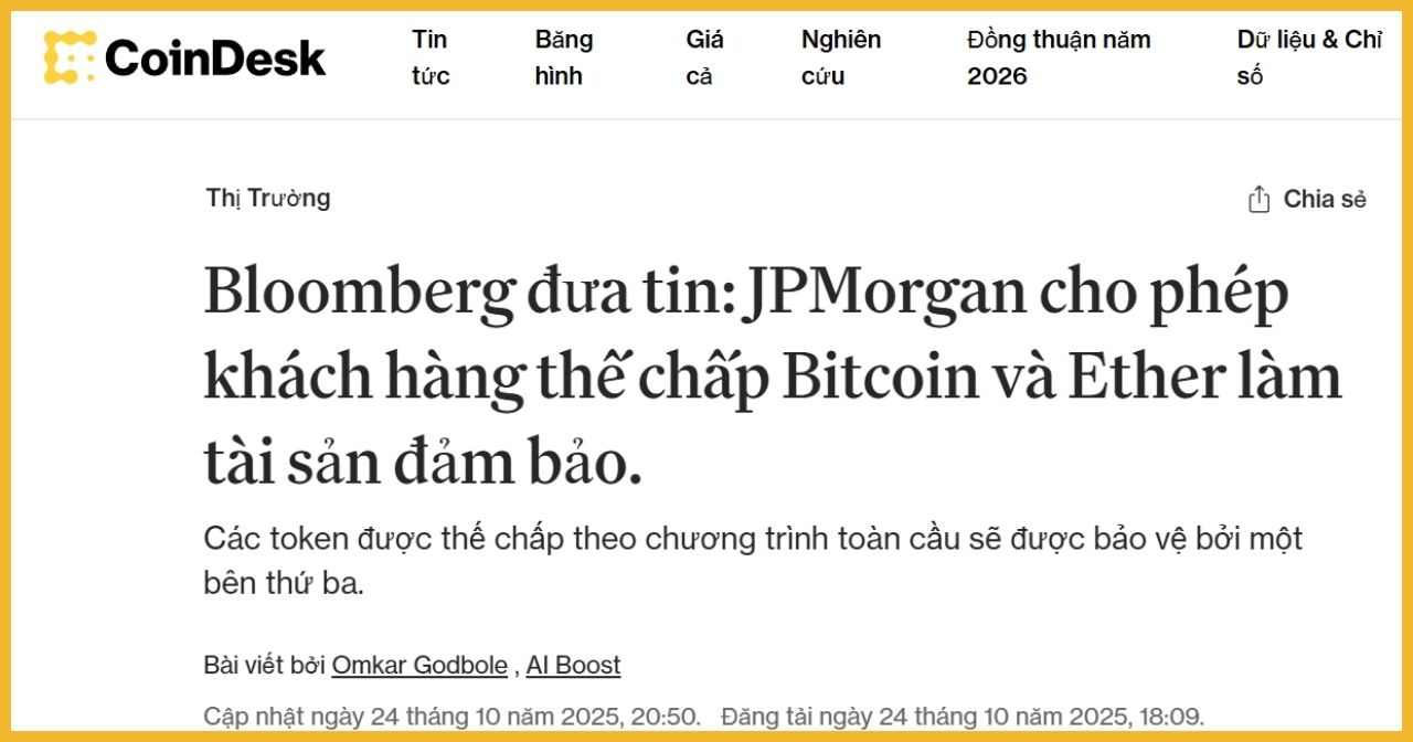 JPMorgan cho phép khách hàng thế chấp Bitcoin và Ethereum làm tài sản đảm bảo