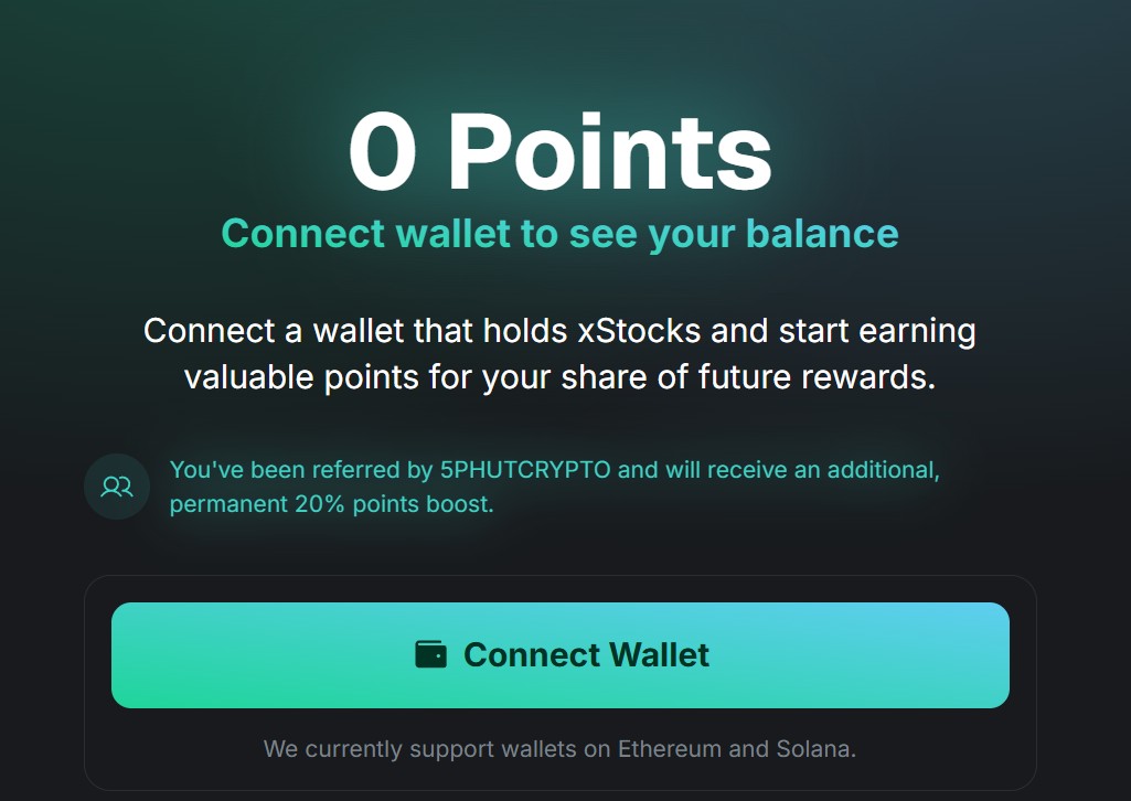 Kết nối ví vào xStocks, dùng link của 5 Phút Crypto sẽ được cộng thêm 20% điểm