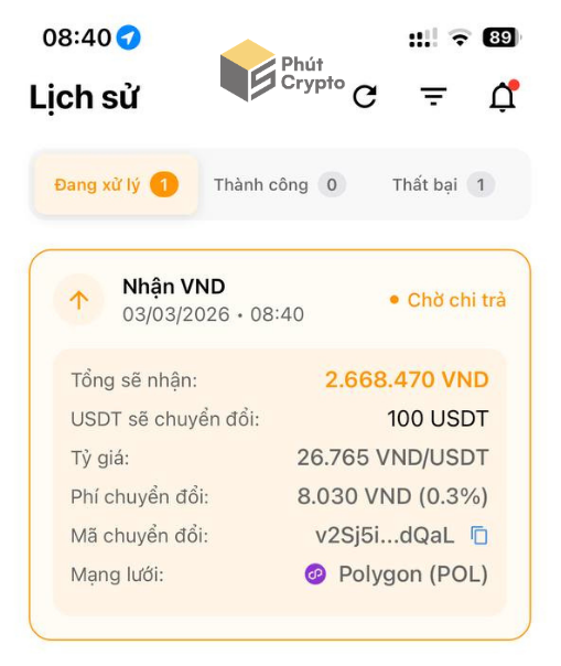 Lệnh bán USDT đã xác nhận từ trung gian trên MIMO