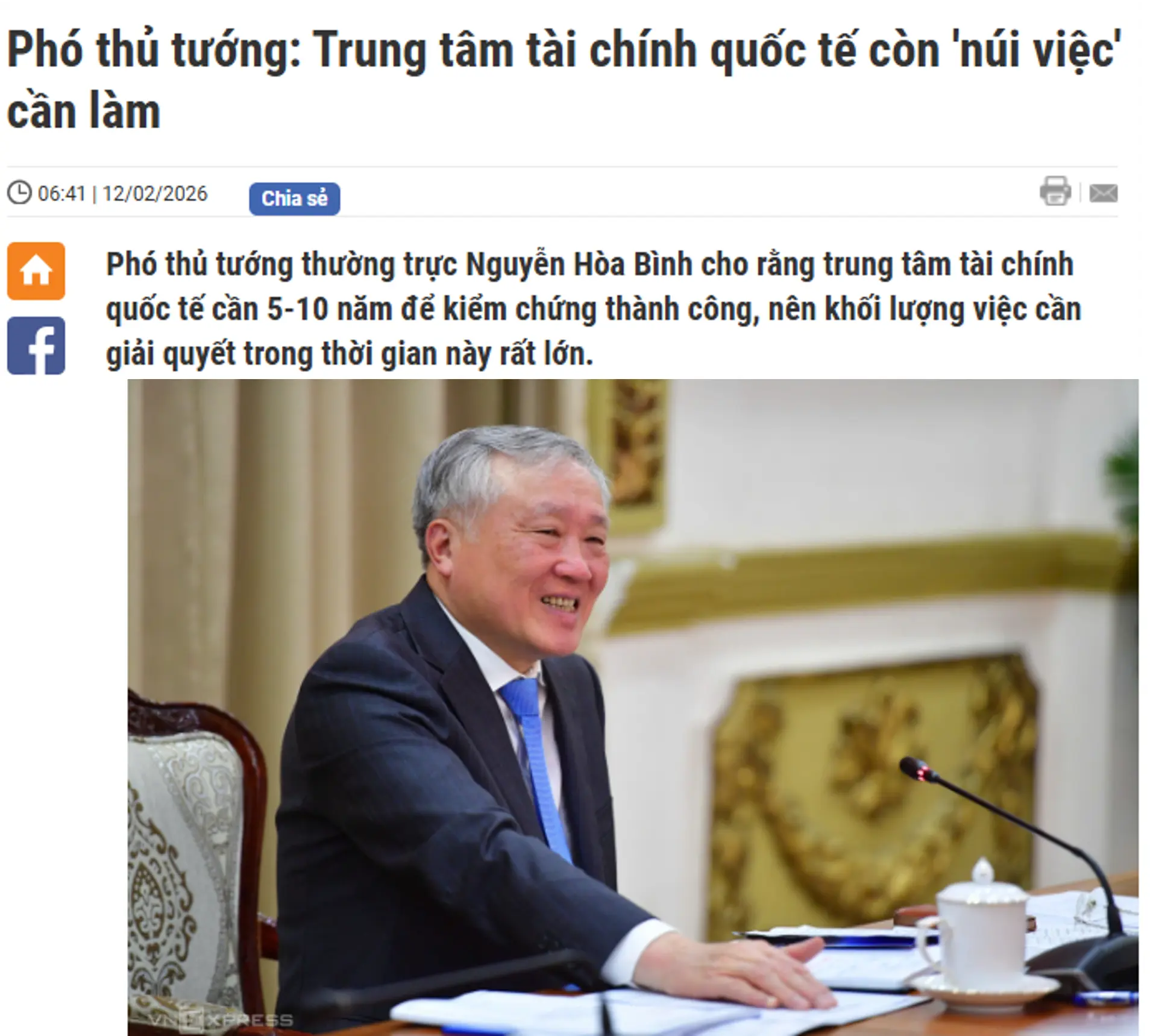 Phó thủ tướng Nguyễn Hòa Bình: "Trung tâm tài chính quốc tế còn núi việc phải làm"
