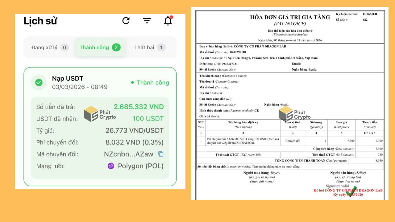 Xác nhận và hóa đơn hoàn thành lệnh mua USDT