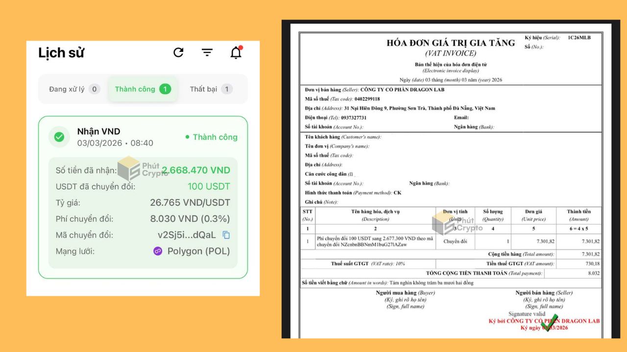 Xác nhận và hóa đơn sau khi hoàn thành lệnh bán USDT