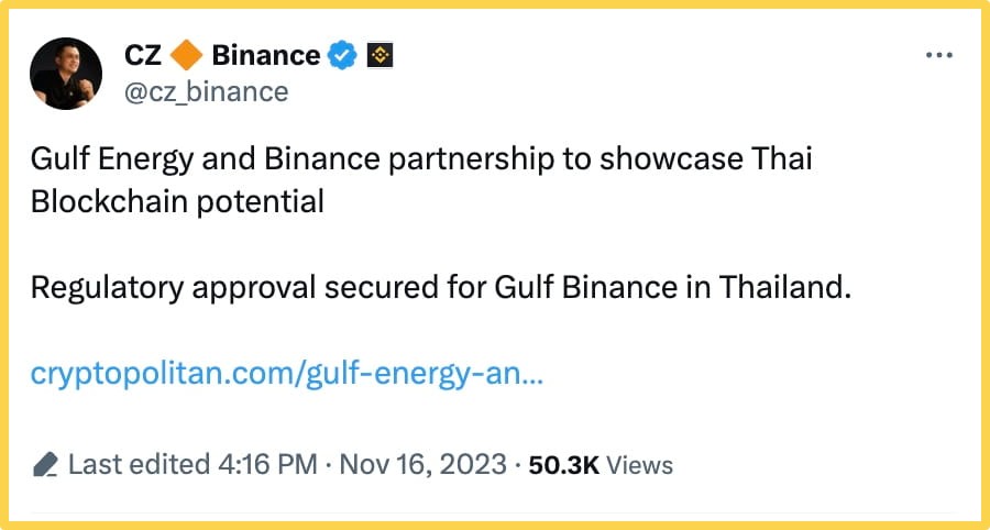 CZ thông báo về việc Binance liên doanh với Gulf Thailand