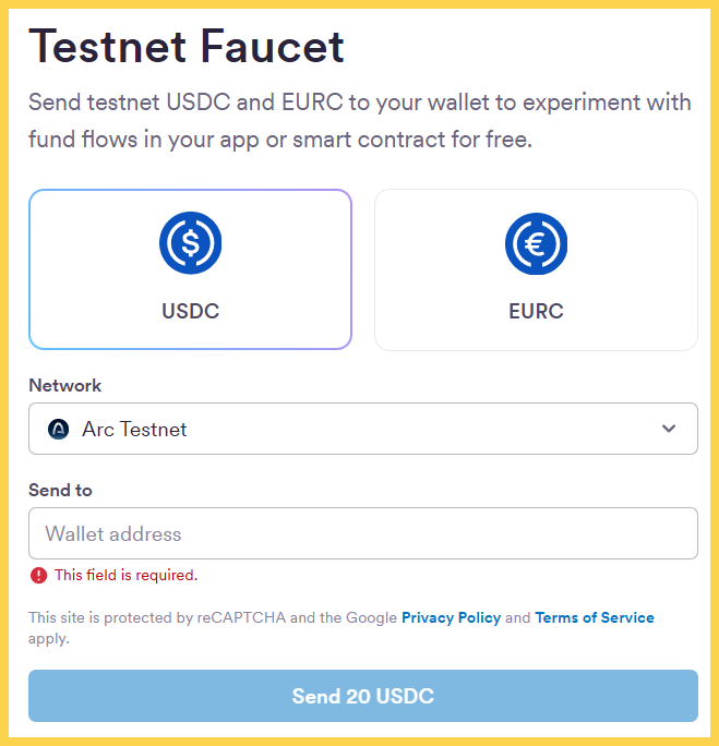 Điền ví để faucet USDC test