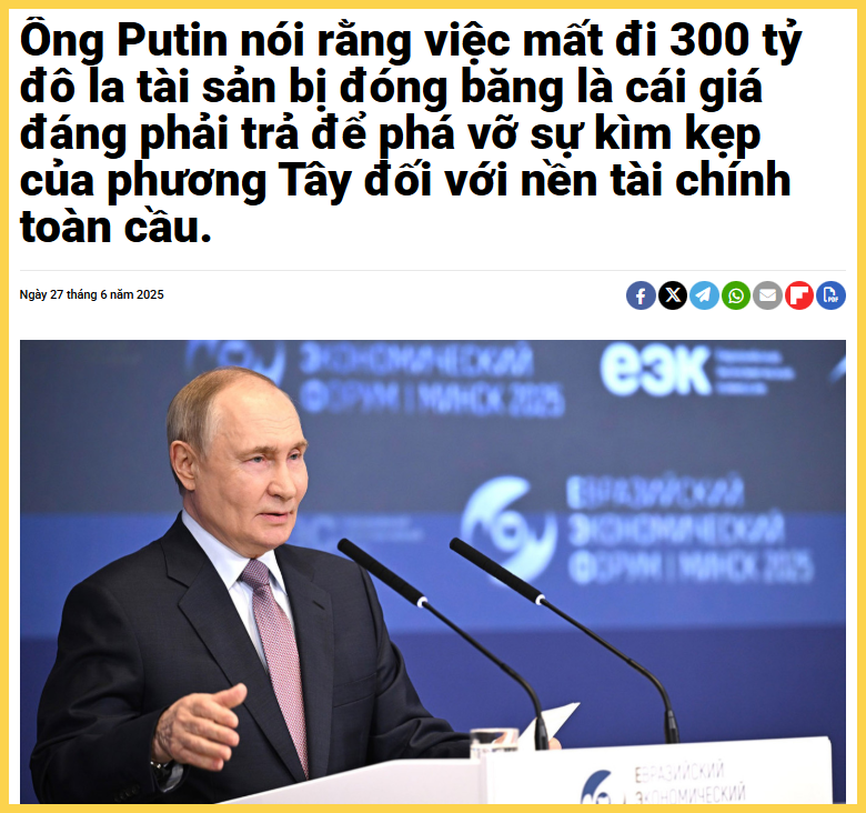 Tổng thống Putin tuyên bố về khoảng 300 tỷ đô của Nga bị đóng băng